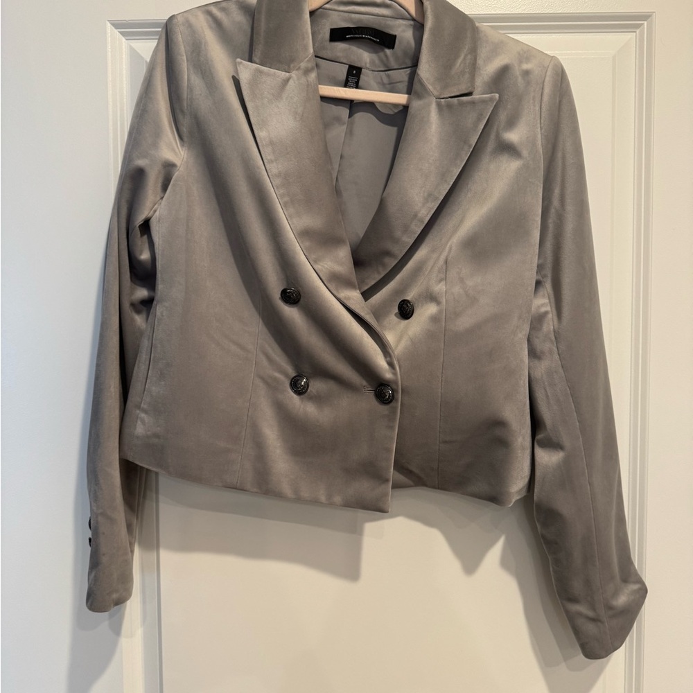 White House Black Market Double-Breasted Satin Cropped Blazer - Gray